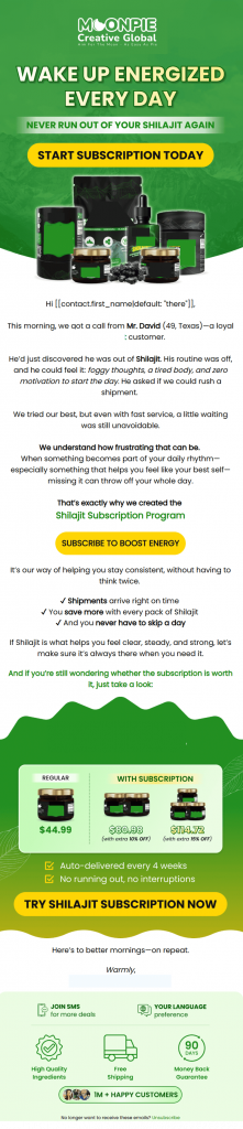 Subscription email by Moonpie - lifecycle marketing campaign for supplement brand on Omnisend