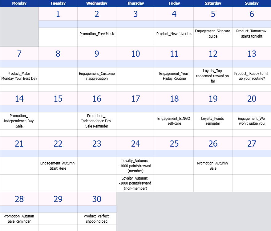 Campaign calendar trong 1 tháng 