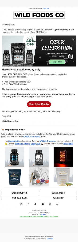 Ví dụ email thông báo live offer Cyber Monday ngành thực phẩm chức năng